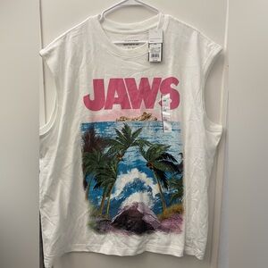 Men's White Sleeveless Shirt with Jaws Graphic/ Slushie Graphics on the other